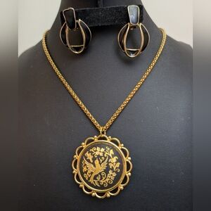 #6. Vintage Damascene Gold and Black Prndant/Brooch Jewelry Set